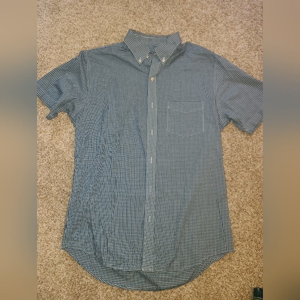 Van Heusen Mens Teal Blue White Plaid Short Sleeve Dress Shirt Size M